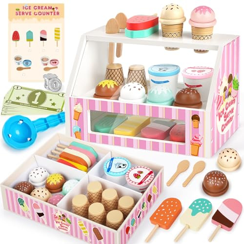 Dreamon Wooden Ice Cream Set for Kids, Wooden Role Play Ice Cream Shop Play Food Kitchen Toys Imaginative Play Toys Gift 3 year old Girls Boys (46 PCS Ice-cream)