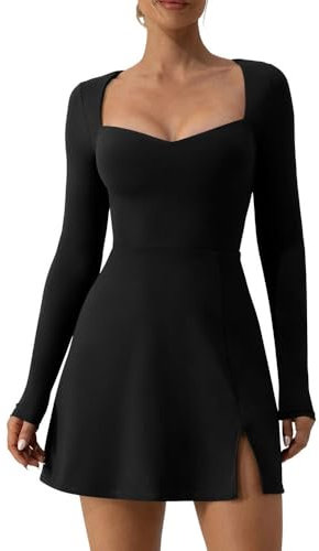 RPAEOY Kleid Damen Langarm V Ausschnitt Wickelkleid Eng Kurz Schlitz Stretch Sexy Dress Bohemian Kleider für Club Party Abend (Schwarz/S)