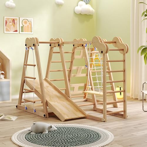 7 in 1 Kletterdreieck Klettergerüst Faltbares Mit Rutsche, Kletterstange, Schaukel, Kletterseil und Netzleitern, Holz Indoor Kletterspielzeug Kombispielzeug für Kinder ab 3-8 Jahren, Natur