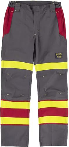 WORKTEAM B1499 Pantalón Ignífugo Combinado, Antiestático con protección para Soldadura y Arco Eléctrico, Slim Fit, con Cintas Fluorescentes y Triple Costura. Unisex Gris+Rojo+Amarillo A.V. S