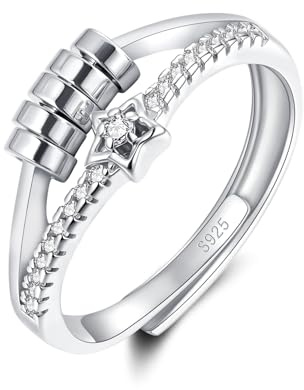 Lynizo Fidget Rings, 925 Sterling Silver Fidget Ring for Anxiety Women Adjustable Heart/Star/Twist Anxiety Ring with Beads, Open Spinner Thumb Rings with Zirconia, Anti Stress Gift for Relaxation