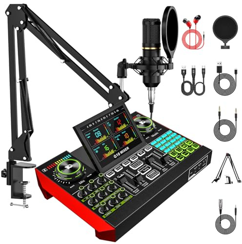 Podcast Equipment Bundle with 3.5mm BM800 Condenser Microphone for Pc/Phone Live Streaming Singing Gaming, Podcast Microphone Bundle with Live Sound Board Audio Mixer,Voice Changer, Denoise,DJ Sets