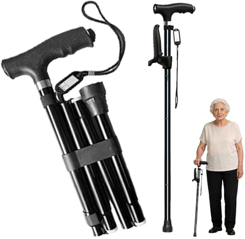 AURIVEE® Bastone da Passeggio Pieghevole Regolabile con Luce LED, Bastone Telescopico a Doppia Impugnatura per Anziani, Bastone da Trekking Portatile (Nero)