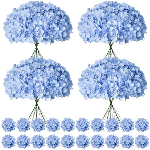 Cherica 100 Pcs Faux Blue Hydrangea Artificial Flowers Bulk, Fake Silk Hydrangea Flowers Heads with Stems for Wedding Decorations Garden Party Baby Shower Porch Home Decor Table Centerpieces