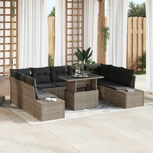Runheo Ensemble canapé Jardin Gris polyrotin 10 pcs modulable avec Coussins, Salon extérieur résistant, Table Ajustable, fauteuils d'angle, Banquette pour terrasse, Patio détente