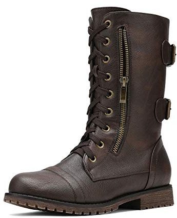 DREAM PAIRS Women's Combat Boots, Mid Calf Built-in Wallet Pocket Lace up Military Ankle Booties,Size 8,Classic Brown,TERRAN