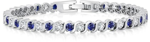 Gem Stone King 3MM Simulated Blue Sapphire and Sparkling White Cubic Zirconia Tennis Bracelet for Women | 14K Gold Plated | 4.50 Cttw | Size 7 Inch | Choice of Color | Blue | White Gold