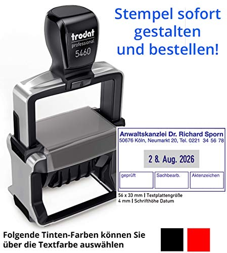 Trodat Professional Text- & Datumsstempel 5460-56x33 mm - 5 Zeilen und Datum ACHTUNG Deutsche Wochentage, in verschiedenen Farben, gleich Online gestalten!!! (Metall)