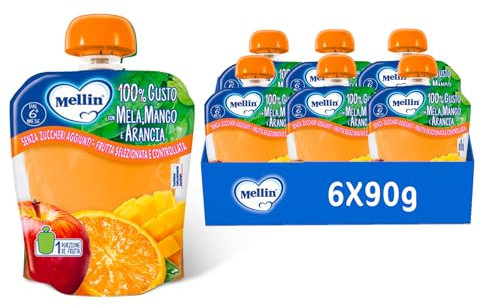 Mellin, Pouch Merenda Frutta 100% Mela, Mango e Arancia - 6 Confezioni Da 90 Gr