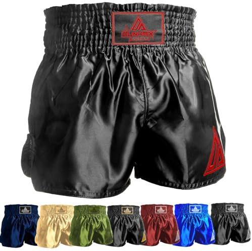 Dynamix Athletics Muay Thai Shorts Origin - Traditionelle Klassische Thaibox Hose für Herren mit breitem Bund für Muay Thai Boxen (as3, Alpha, l, Regular, Regular, Schwarz/Weiß)