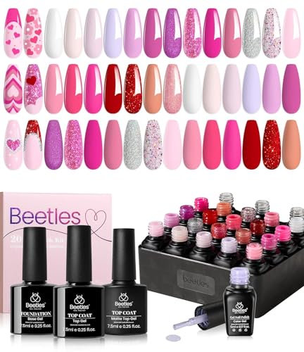 Beetles Gel Polish Set- Alluring Sweetie Collection Nail Set 20 Colors Red Nude Pink White Glitter Gel Polish Kit Soak Off Nail Lamp Varnish Manicure DIY Beauty Nail Art Gifts for Girls