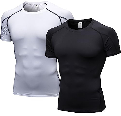 LANBAOSI Lot de 2 t-shirts de compression pour homme - Manches courtes - Respirant - Pour la course, l'entraînement, le jogging, le fitness, la gym, noir/blanc, XL