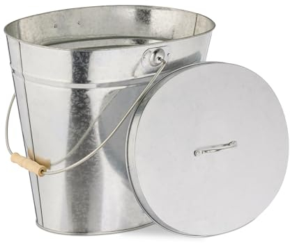 Relaxdays Secchio Raccogli Cenere con Coperchio, Cestello da 12 L per Carbone, per Camino e Stufa, in Acciaio, Argentato, 34 x 35 x 28 cm