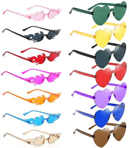 Xingsky Karneval Brille Lustig, Bunte Sonnenbrille 14 Stück Sonnenbrillen Set, Herz| Flammen Sonnenbrille, Bunte Brillen Party für Fasching Foto Requisiten Geburtstagsfeier für Kinder und Erwachsene