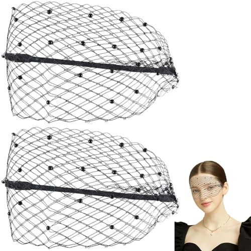 GORGECRAFT 2 Bandeau en Voile en Maille Noir en Polyester pour Mariage Vintage Fascinateur Bandeau en Dentelle Couvre-Chef de Fête de Thé avec Voile et Perles en Plastique pour Femme
