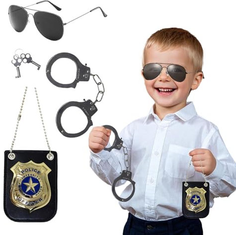 XDGBGFN Polizei Kostüm Zubehör mit Police Badge Handschellen Kinder Sonnenbrillen Polizei Zubehör Polizei Kostüm Accessoires für Karneval, Cosplay Party