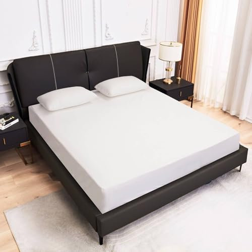 KnSam Betttuch 100x190+45cm Protection, Spannbettlaken Gesteppt Einfarbig Milchig weiß Faltenresistent und Ausbleichen, Polyester Baumwolle Spannbettuch Laken für Boxspringbett & Wasserbett