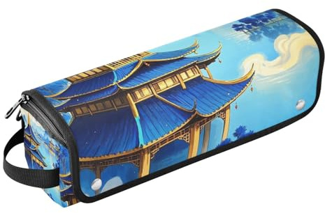 Sac de voyage pour outils de cheveux pour femme avec tapis amovible résistant à la chaleur étanche pour fer à friser, fer à lisser, sèche-cheveux plat, bleu et doré paysage chinois