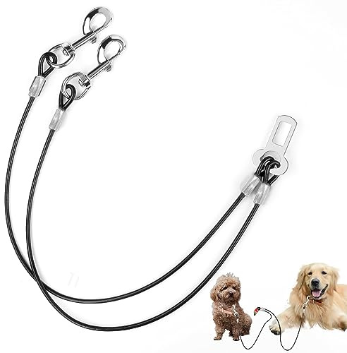 Dog Seat Belt, Double Dog Seatbelt Vehicle Safety Chew Proof Dogs Vehicle Safety Tether Cable,Double Clip No-Chew Pet Car Leash Lead,Car Safety Restraint (24 inch/60 CM)