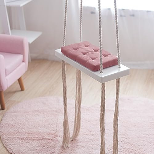 Balançoire en bois pour enfant, écologique, pour intérieur/extérieur, capacité de charge 50 kg, avec coussin éponge rose et corde de chanvre de 5 m, pour chambre d'enfant, jardin, aire de jeux