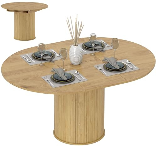 HOMCOM Tavolo da Pranzo Allungabile per 6-8 Persone con Pannelli Rimovibili, 110cm-150cm Tavolo Rotondo Allungabile ad Ovale con Base a Piedistallo, per Sala da Pranzo, Soggiorno, Color Legno