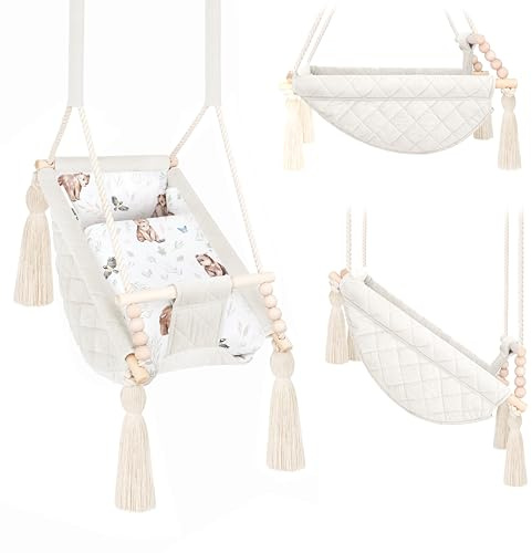 Nid Magique Naturlig beige babygunga, inomhus hängmatta 2 m+, anpassningsbar med broderat förnamn, tillverkad i Europa, säker hängstol 25 kg