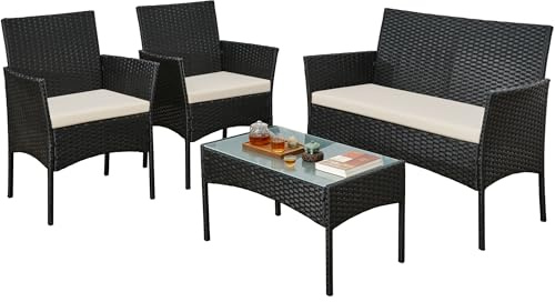 rattanstar Rattan Garden Furniture Sets, Garden Table and Chairs Set 4 | Outdoor Patio Conversation Set with Loveseat, Armchairs, Glass-Top Coffee Table, PE Wicker Sofa Set for Balcony Backyard