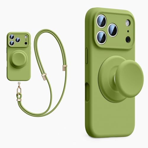XZC Funda de silicona líquida para iPhone 17 Pro Max, con soporte emergente, cordón cruzado, compatible con MagSafe, protección completa de la cámara, (verde, iPhone 17 Pro)