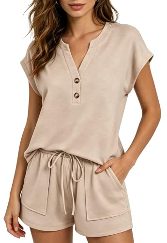 DOINEUFL Two Piece Outfit for Women with Pockets, V Neck Button Short Sleeve Set, Casual Lounge Wear, Comfortable Summer Travel Set, Women’s Shorts Co-ord (UK, Alpha, M, Regular, Regular, Khaki)
