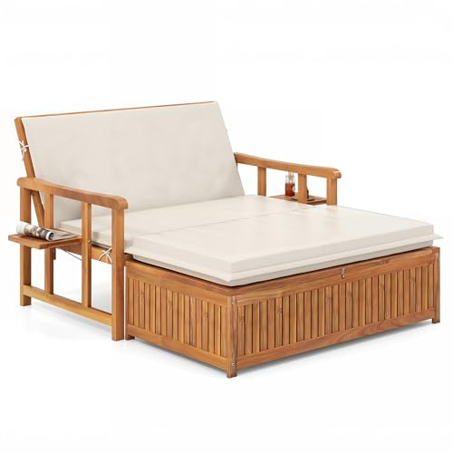 COSTWAY Acacia Wood Garden Daybed, Patio Double Chaise Lounger Sun Bed | with 4-Level Adjustable Backrest, Storage Ottoman, Cushions, Side Trays, Outdoor Conversation Loveseat Sofa Balcony Furniture