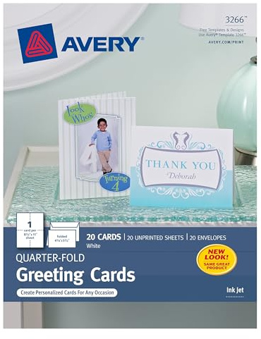 Avery Printable Quarter-Fold Greeting Cards, Envelopes Included, 4.25 x 5.5, Matte White, Inkjet Printer Compatible, 20 Blank Cards Total, Great for Product Branding, Marketing, and More (3266)