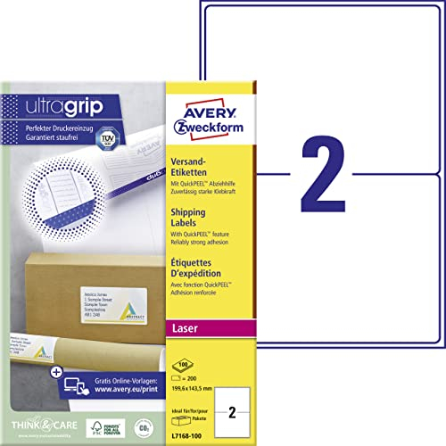 AVERY Zweckform L7168-100 Versandetiketten/Versandaufkleber (200 Etiketten mit ultragrip, 199,6x143,5mm auf A4, bedruckbar, selbstklebend, für mittlere, große Pakete und Versandrollen) 100 Blatt, weiß