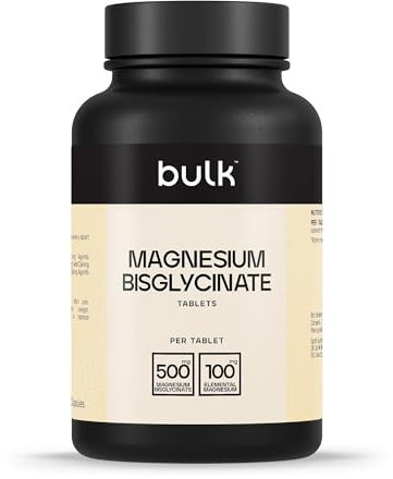 Bulk Comprimés de bisglycinate de magnésium, 500mg, 60 Comprimés, Absorption élevée, Favorise la fonction musculaire, Sommeil, Santé osseuse et énergie, Végan, Sans OGM, Les emballages peuvent varier