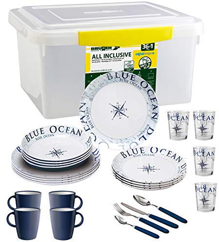 Brunner: Melamin-Geschirr Campinggeschirr (Antislip), 4 Personen (36+1 Teilig), Blue Ocean All Inclusive, Grill Und Picknick