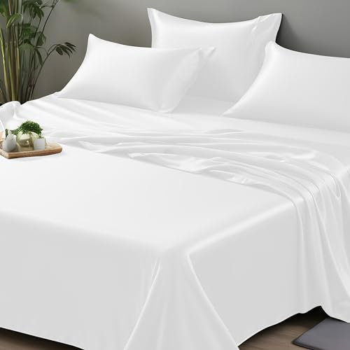 LINENWALAS Bettlaken für Einzelbett, 100 % Bio-Bambus, für Einzelbett, weich, luxuriös, kühlendes Oberlaken, perfekt für Hautpflege (Einzelbett, Weiß)