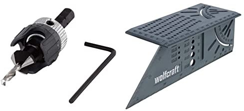 wolfcraft 2544000 Foret Fraisoir - Ø 3, 2-12 mm - Queue 6 pans Angle 45° - avec Butée de Profondeur & 5208000 Équerre 3D d'onglet 150 x 275 x 66 mm - Traçage angle de 45° à 90°