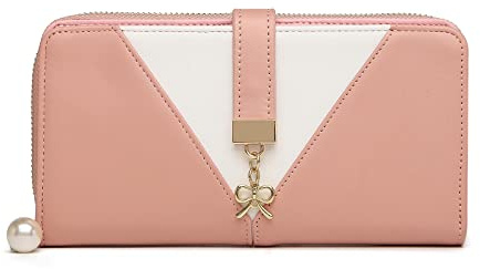 Miss Lulu Women Purse Tri Colour Look-V Long Wallet Clutch for Ladies PU Leather with Zipper Roomy Capacity, Pink-2