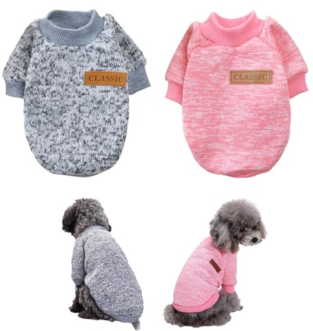 Jersey para Perros Medianos, FainFun 2 Piezas Jersey Perro Mediano, Ropa Sudadera Invierno para Gatos Perro, Jerséis para Perros Pequeños, Rosa Gris L