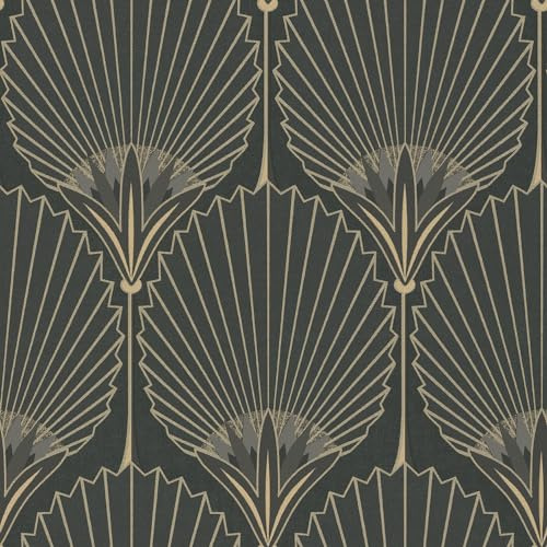 Grandeco Art Deco Nile Palm Textured Wallpaper, Black Gold