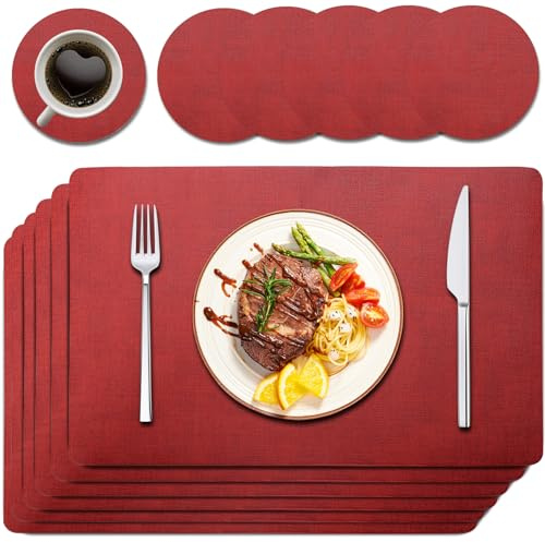 Purejoy Red Placemats Sets 6, Table Mats PU Leather Heat-Resistant, Washable and Non-Slip 43 * 30 cm Dinner Table Mats Set of 6, christmas place mats,christmas dinner set