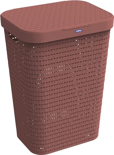 Rotho COUNTRY Wäschekorb mit Deckel Rot in Rattan-Optik - Wäschesammler Wäschebox, BPA FREI - Laundry Baskets Hamper - Wäsche Korb Wäschepuff - Schmutzwäschebehälter 55L (42x32,2x57,7cm)