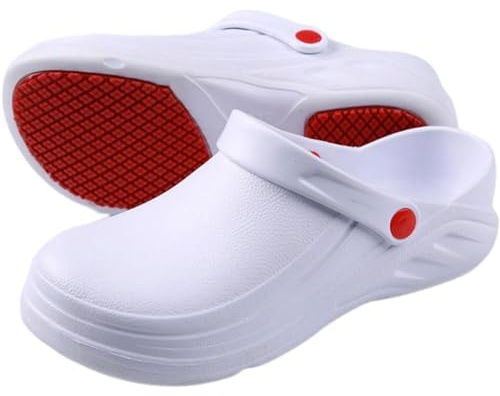 EXECAB Ölbeständige Kochschuhe, Clogs für Damen und Herren, rutschfeste Küchenschuhe, Garten-Sicherheits-Arbeitsschuhe mit bequemer Sport-Einlegesohle,Weiß,40