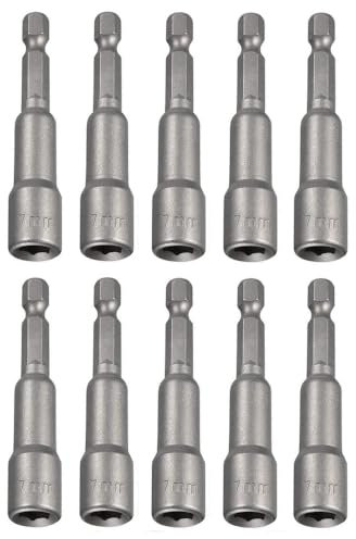 Fixinus Juego de 10 llaves de vaso magnéticas, 7 x 65 mm, vástago hexagonal de 1/4 pulgadas, juego de llaves de vaso hexagonales, adaptador para taladro inalámbrico