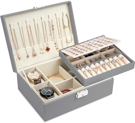 Moseem Jewellery Box Organiser for Women Girls,2-Layer Large Jewellery Organiser Box with 2 Watch Pillows,Removable Tray,PU Leather Jewellery Boxes for Earrings Rings Necklaces Watches Bracelets,Grey
