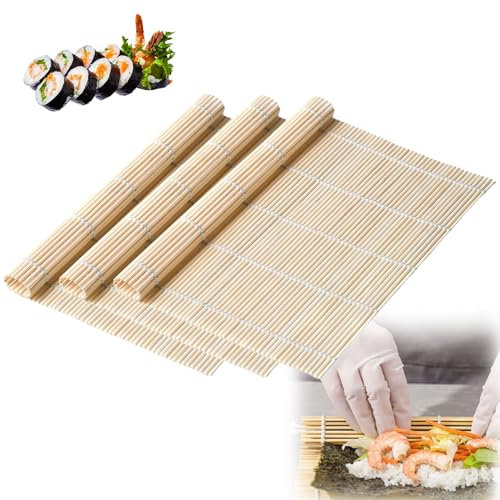 3 Piezas Esterilla Sushi, 24 x 24 cm Natural Tapete de Sushi de Bambú, Estera para Hacer Sushi, Estera de Bambú Ecológica,Herramienta para Hacer Sushi,Estera de Sushi Lavable,para Fiestas en la Cocina