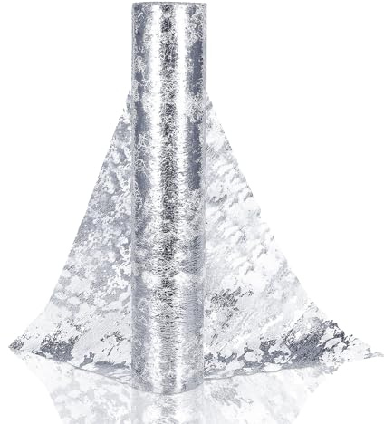 Chemin De Table Filet avec Feuille d'argent 29cmx10m, Chemin De Table Polyester,Ruban De Table Métallisé Décoration pour Fête,Célébrations,Anniversaire, Mariage, Noël, Fêtes De Bébé,DIY,etc.