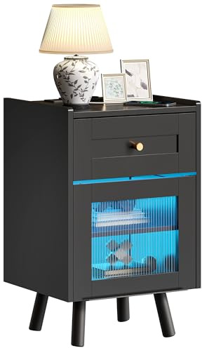 YITAHOME Comodino con striscia luminosa a LED a 7 colori, comodino con cassetto e ripiano regolabile, tavolino nero per camera da letto, soggiorno, 40 x 35 x 62 cm, nero