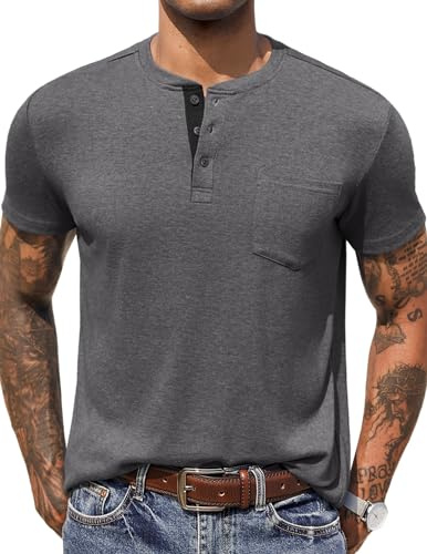 COOFANDY T-Shirt Henley da Uomo Tinta Unita Estiva a Maniche Corte per Uomo Casual Morbida Maglietta Basic con Tasca Grigia L
