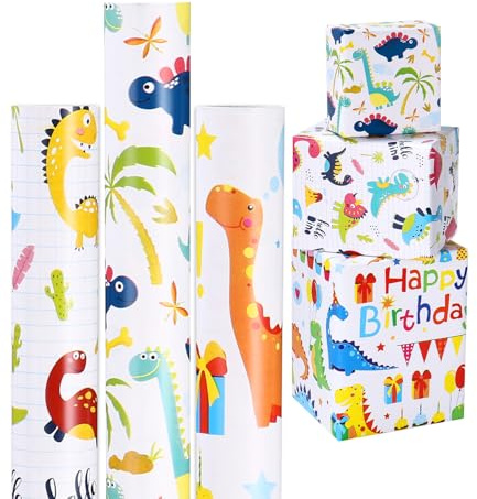 heuchaey 3 Rollos de Papel de Regalo Dinosaurio, 43 cm x 3 m Papel Regalo Cumpleaños Niños, Reciclable, Papel para Envolver Regalos para Cumpleaños, Fiesta, Decoraciones Festivas, Navidad