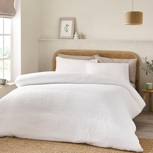 Catherine Lansfield Parure de lit avec Housse de Couette et taies d'oreiller en Seersucker froissé pour lit Super King Size Blanc
